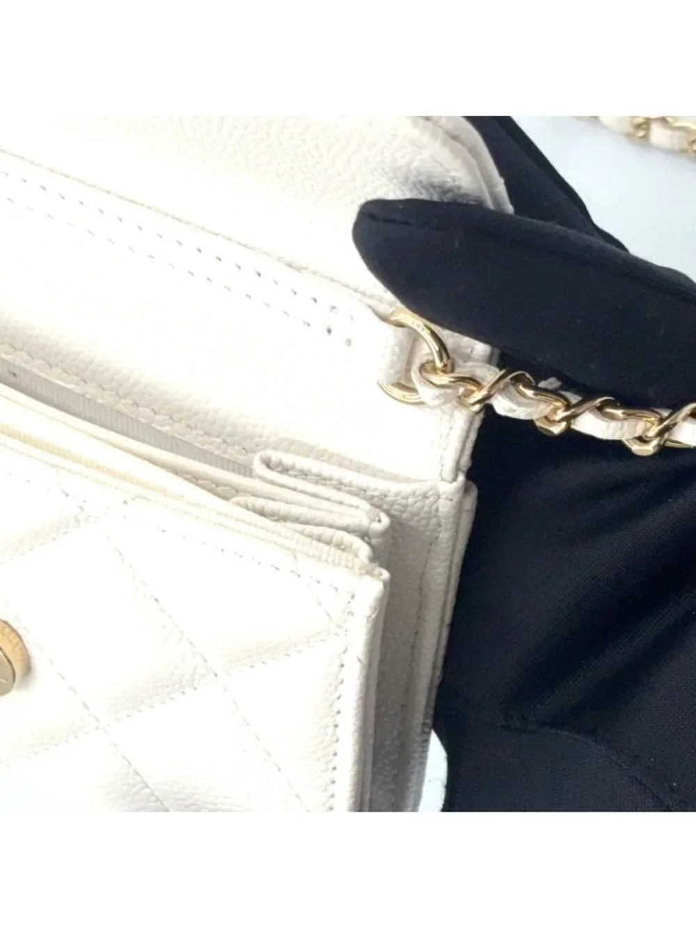 Chanel Quilted Mini Chain Random Caviar Leather White Wallet Gold